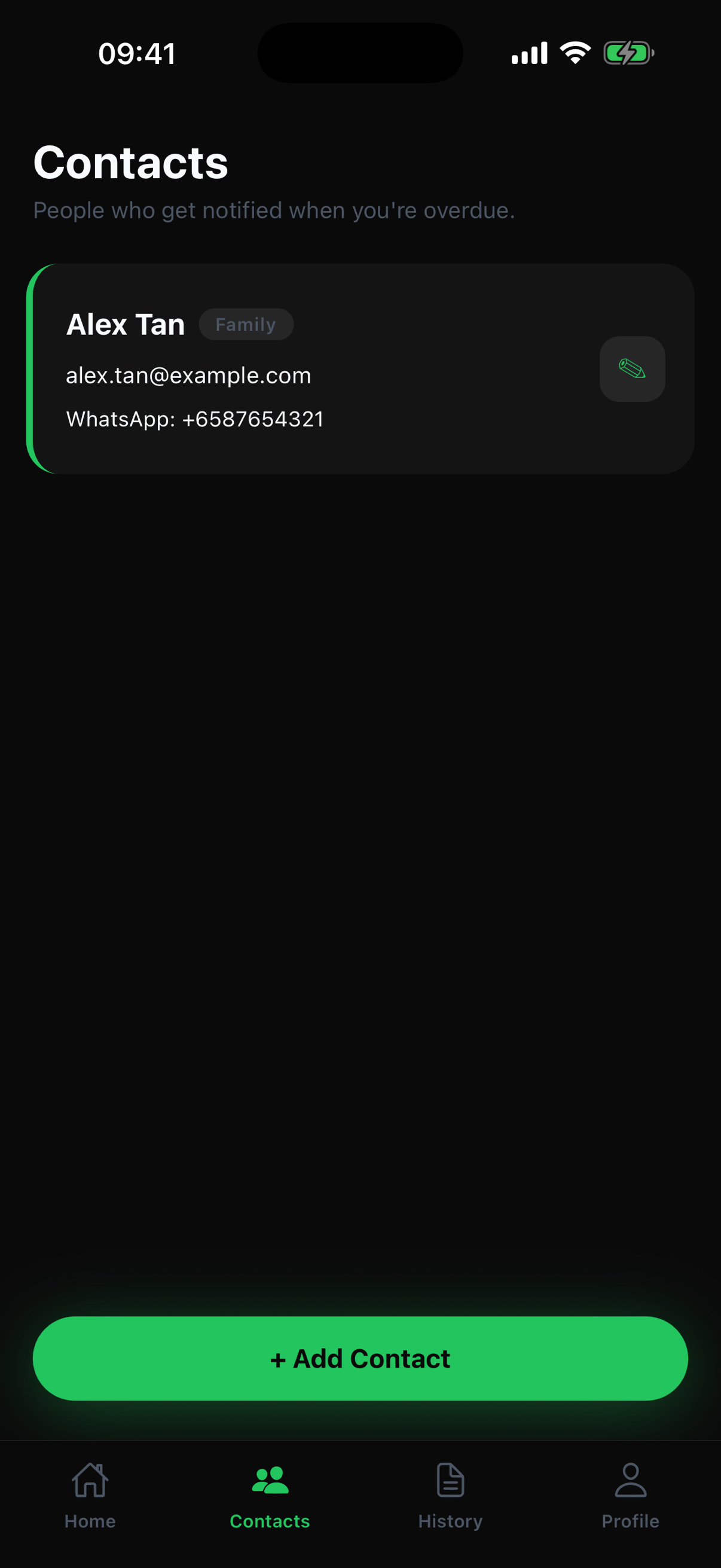 Daily Ping Contacts screen showing a trusted contact and the Add Contact button.