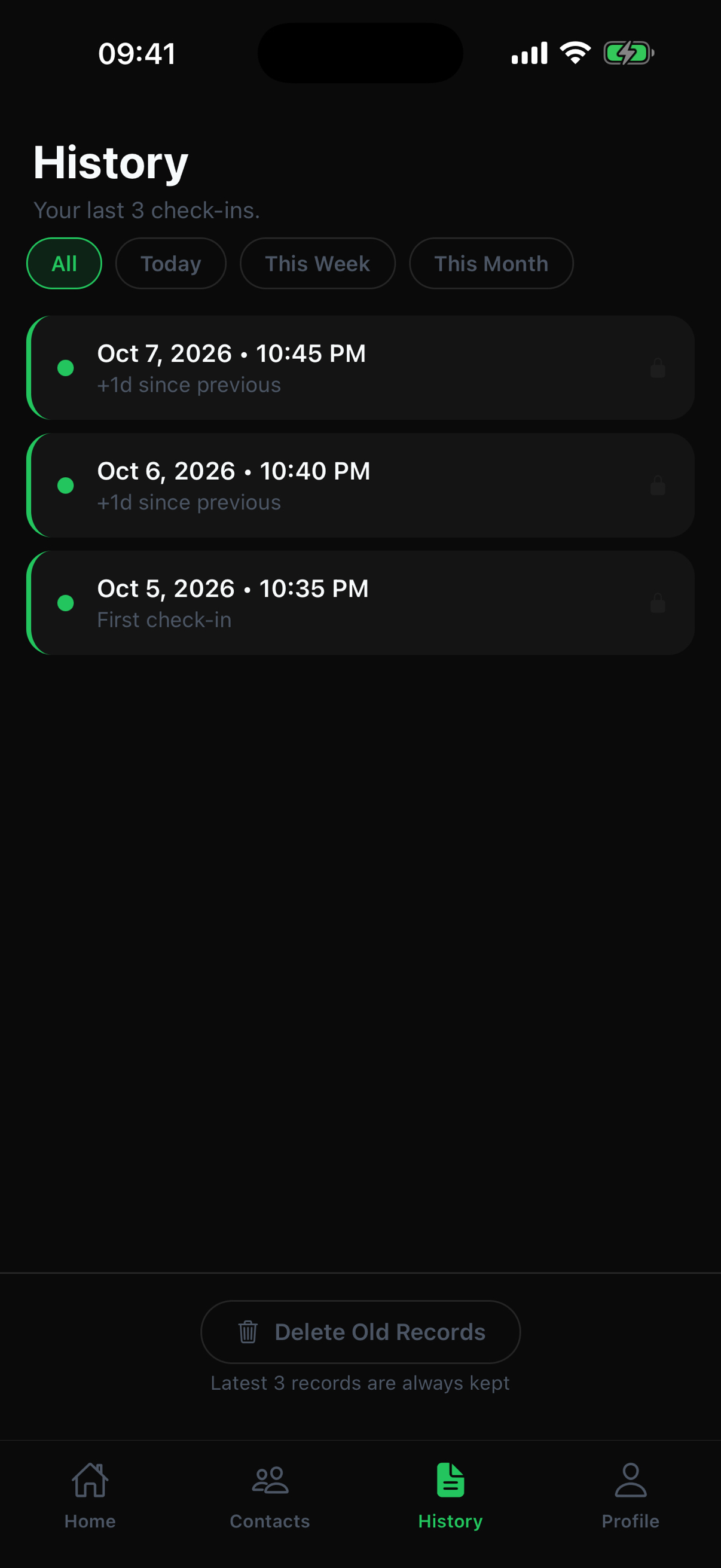History screen with dated check-in records and filters for all records, today, this week, and this month.