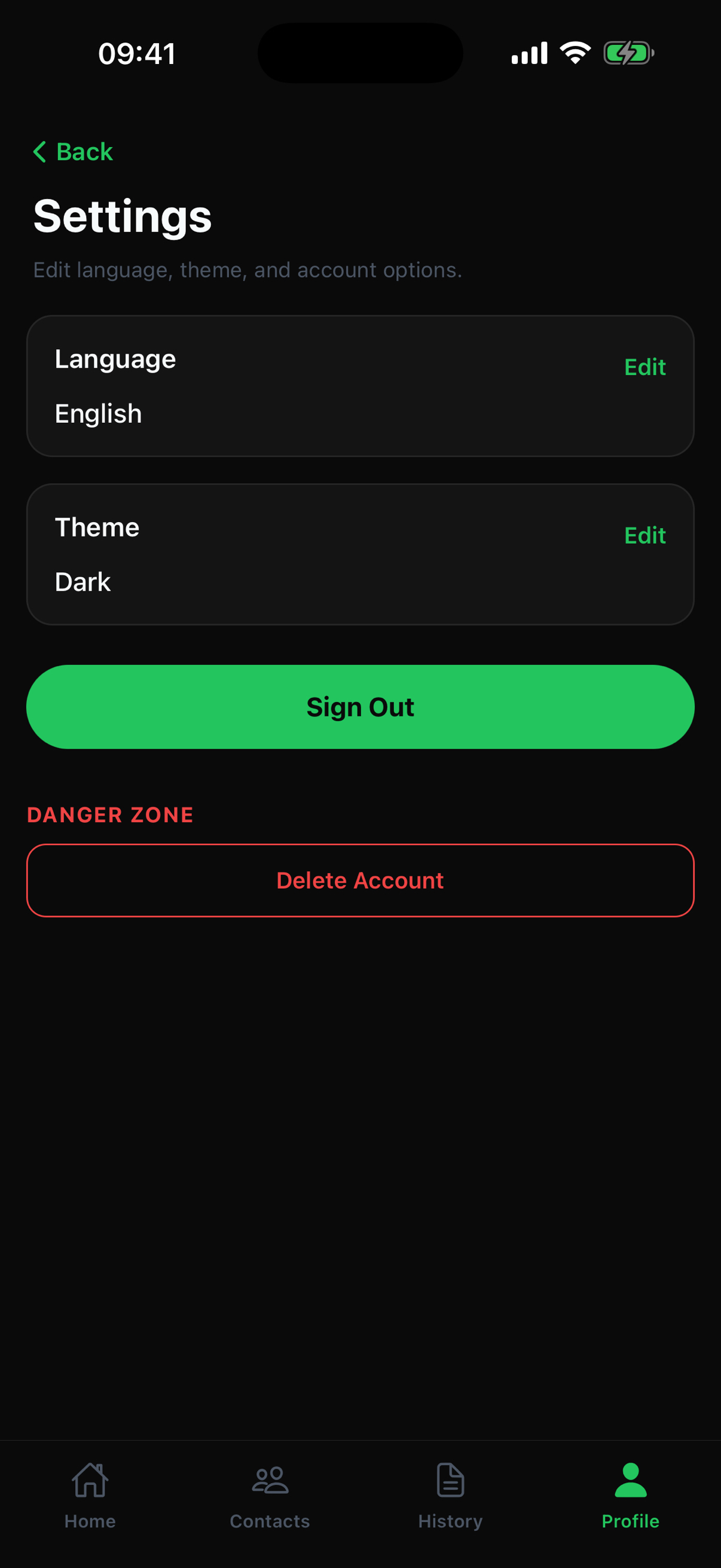 Settings screen showing language, theme, Sign Out, and Delete Account controls.