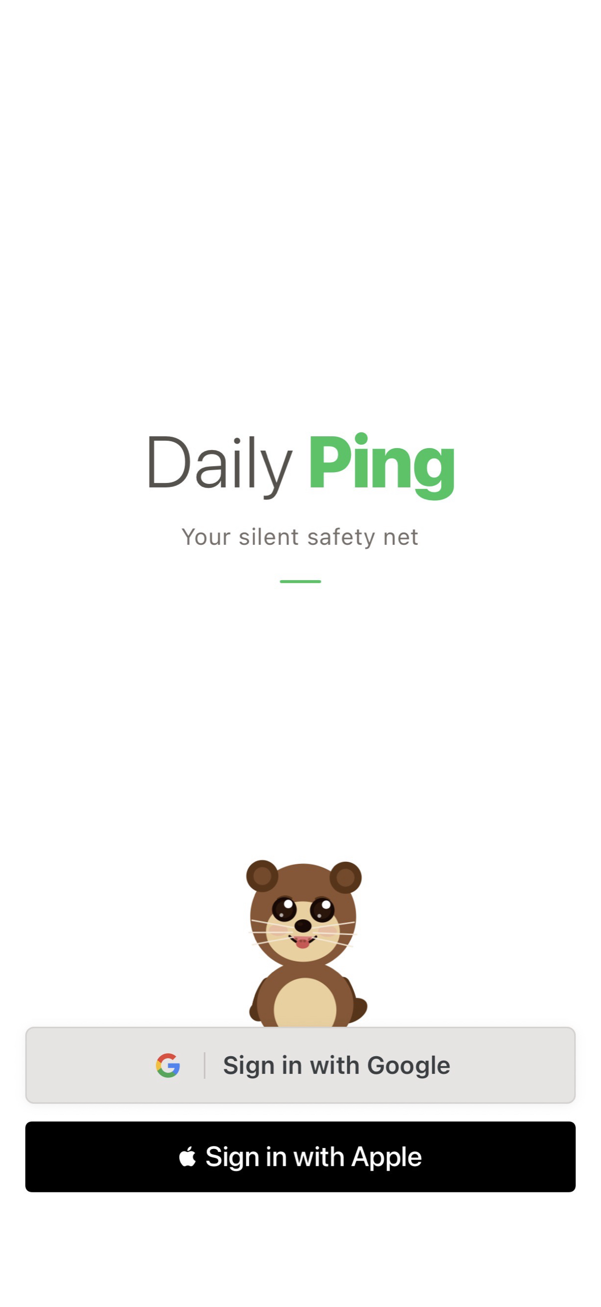 Daily Ping welcome screen with its mascot and Sign in with Google and Sign in with Apple options.